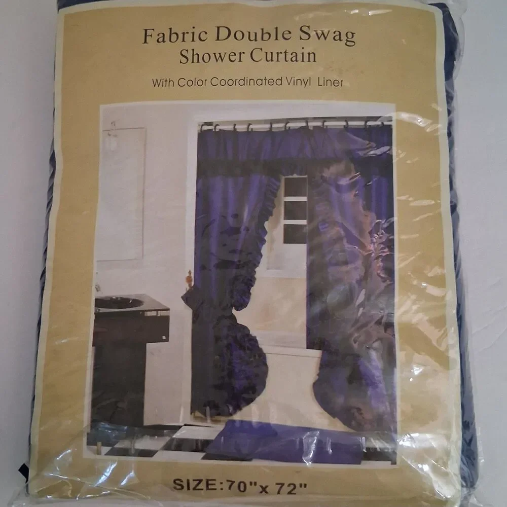 Vtg Shower Curtain Set Blue 90s Ruffle Double Swag Valance Tiebacks Liner Y2k